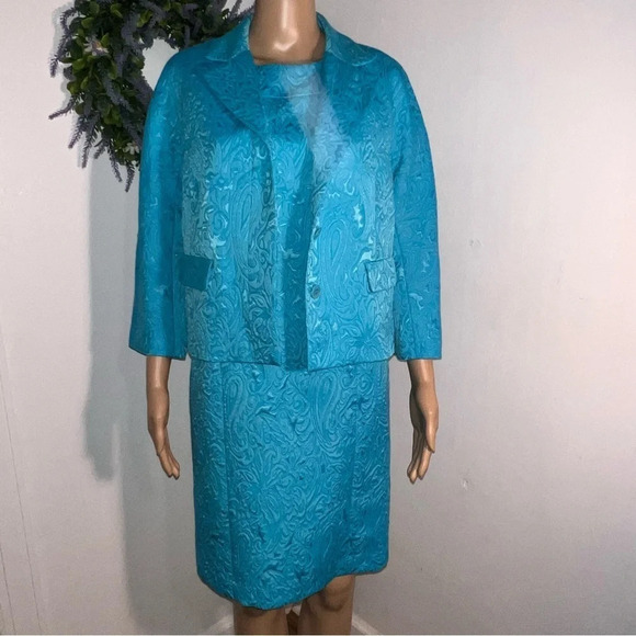 Talbots 8P, paisley embroidered blue sleeveless dress with matching crop jacket - Picture 1 of 13